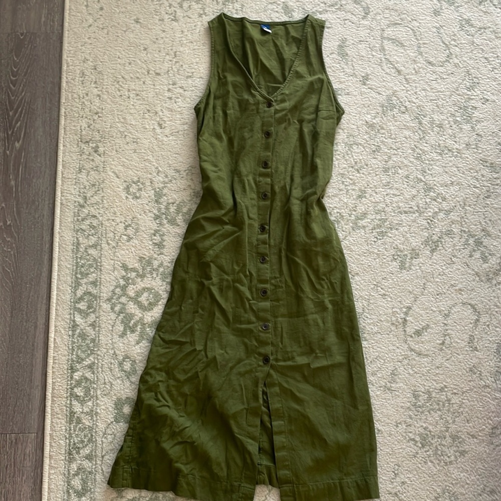 Olive Green Linen Midi Dress